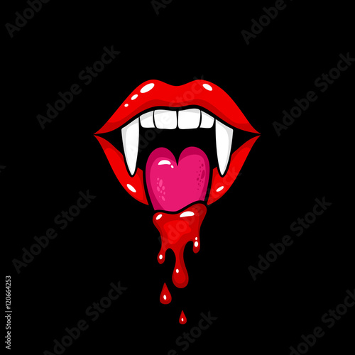 Sexy red vampire woman open mouth with fangs and dripping blood on tongue. Vector comic design element in pop art retro style isolated on black background. 