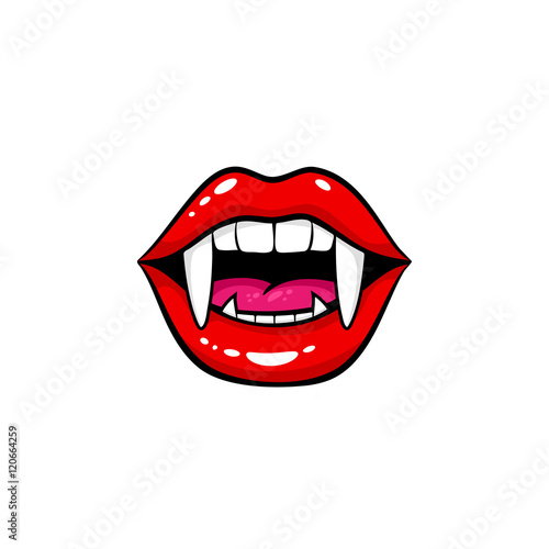 Sexy red vampire female open mouth with fangs. Vector comic design element in pop art retro style isolated on white background. 