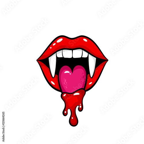 Sexy red vampire woman open mouth with fangs and dripping blood on tongue. Vector comic design element in pop art retro style isolated on white background. 