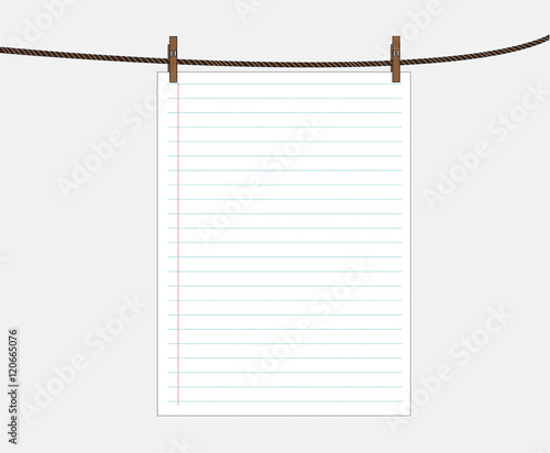 Blank worksheet book attached to a clothesline with pin - vector
