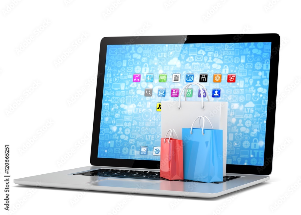 laptop and shopping pags on white background. 3d rendering. laptop and shopping pags on white background. 3d rendering.