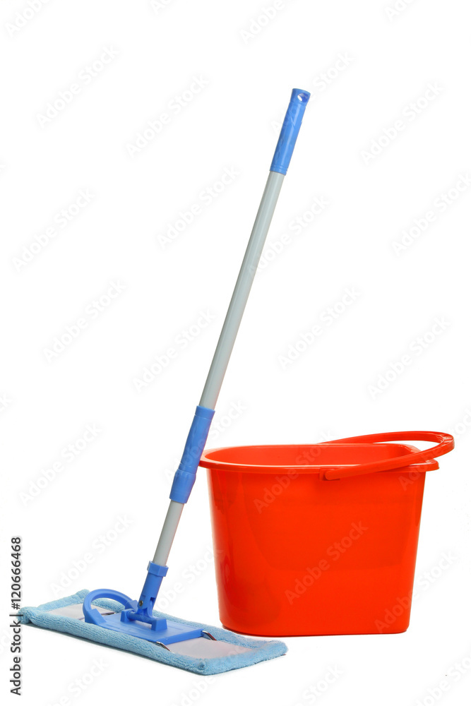 Bucket and Mop isolated on white background. The concept of cleaning. Bucket and Mop isolated on white background. The concept of cleaning.
