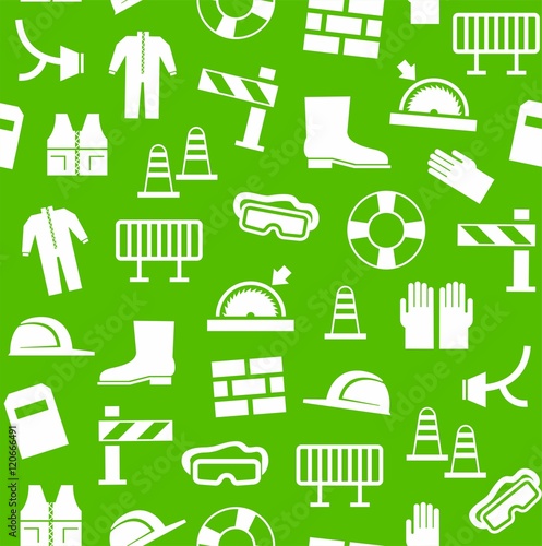 Occupational safety, personal security, background, seamless, green. White flat icons of protective clothing and protective items against a green background. Vector background. 