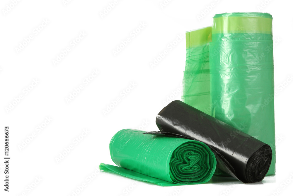 Rolls of disposable trash bags isolated over white background Rolls of disposable trash bags isolated over white background