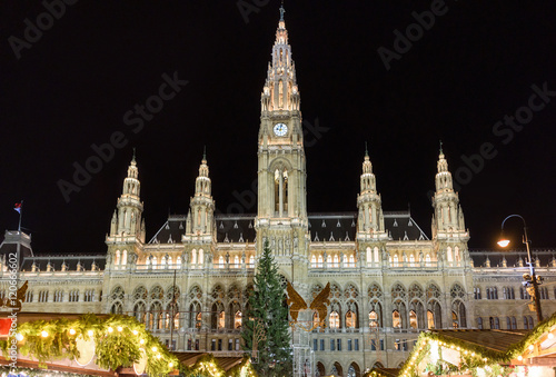 Traditional Christmas market at Rathaus in Vienna at night, Austria