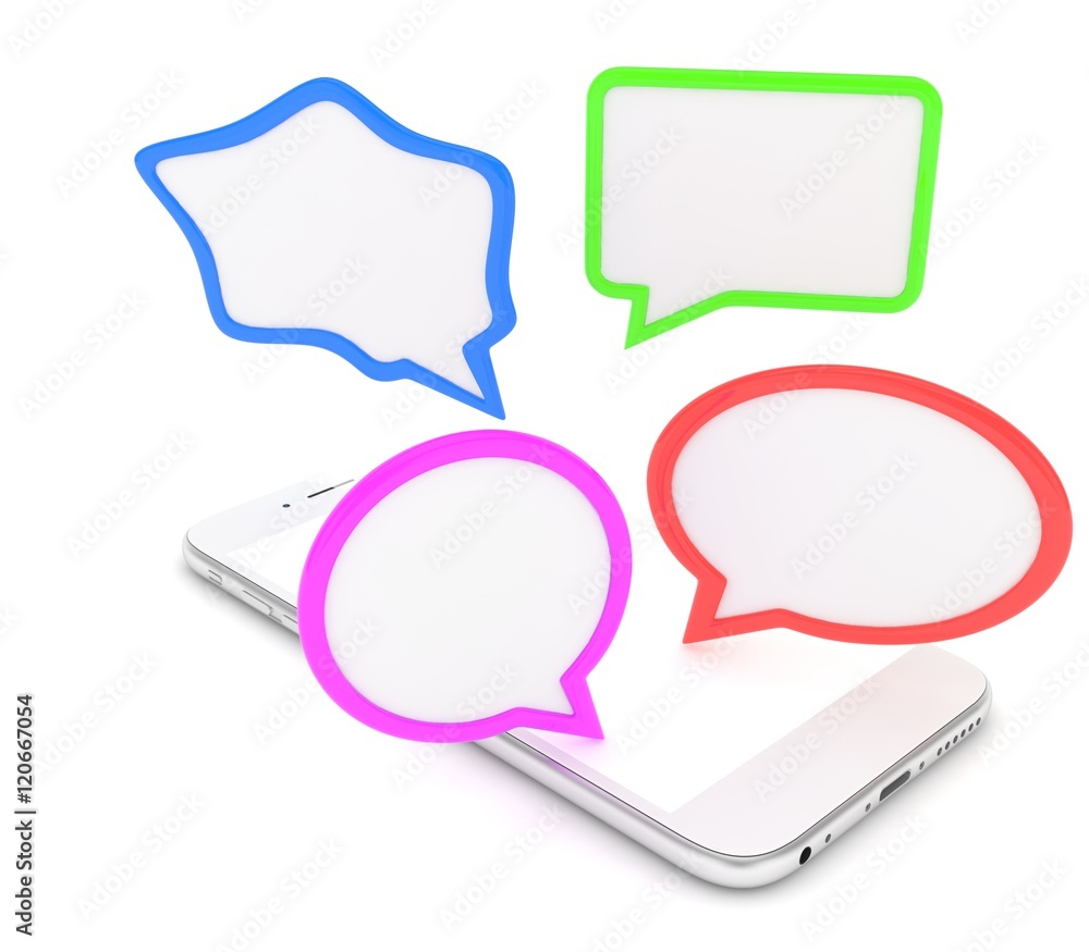 smartphone with bubbles isolated on white background. 3d rendering.