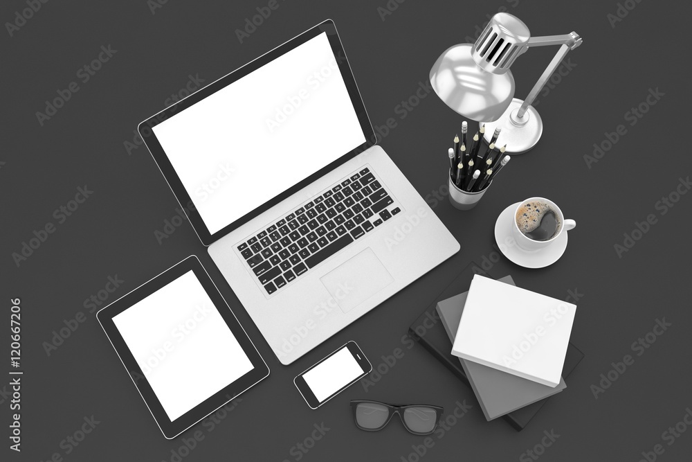 Responsive mockup screens. Laptop, tablet, phone on table. 3d rendering. Responsive mockup screens. Laptop, tablet, phone on table. 3d rendering.