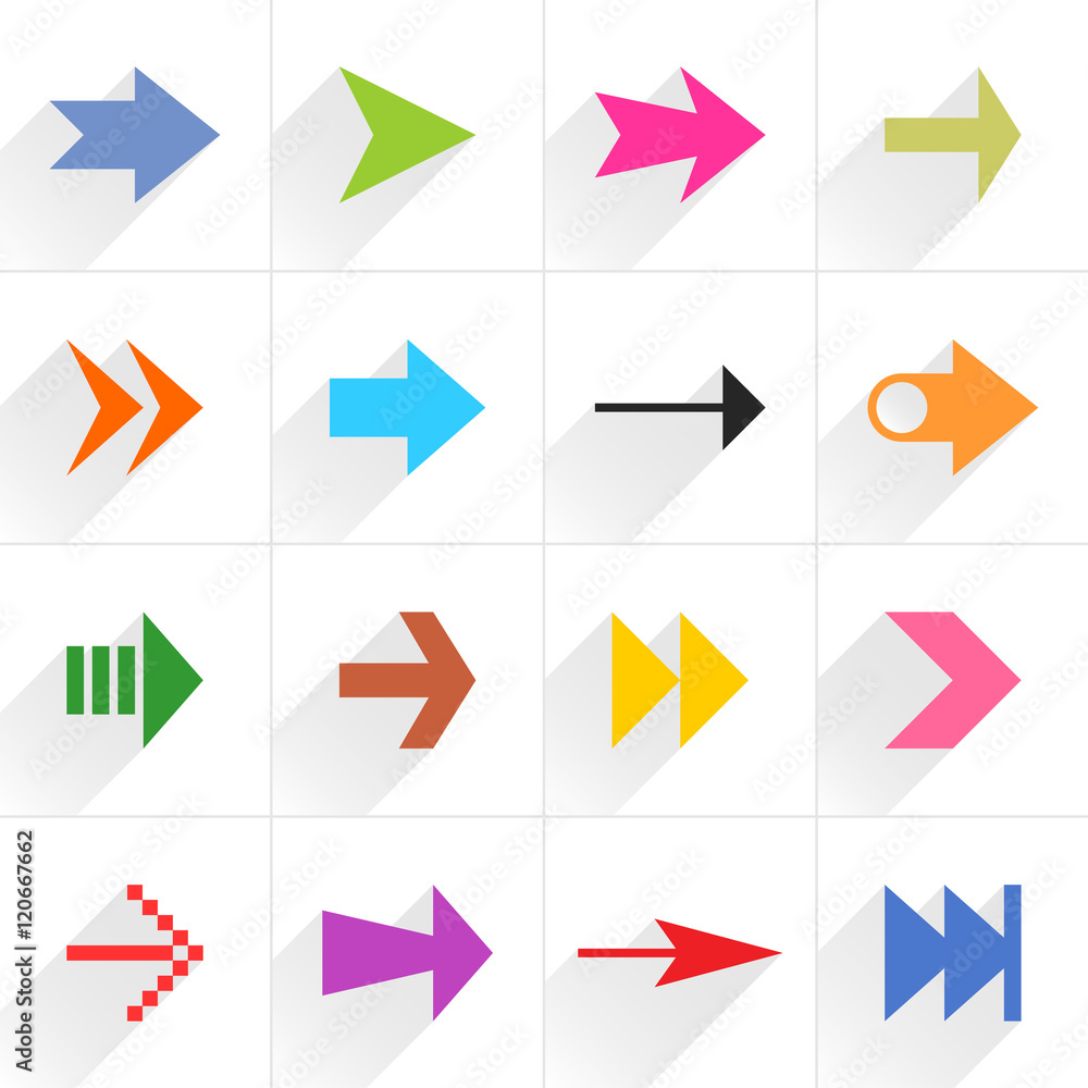 Color arrow icon flat sign with long shadow Color arrow icon flat sign with long shadow
