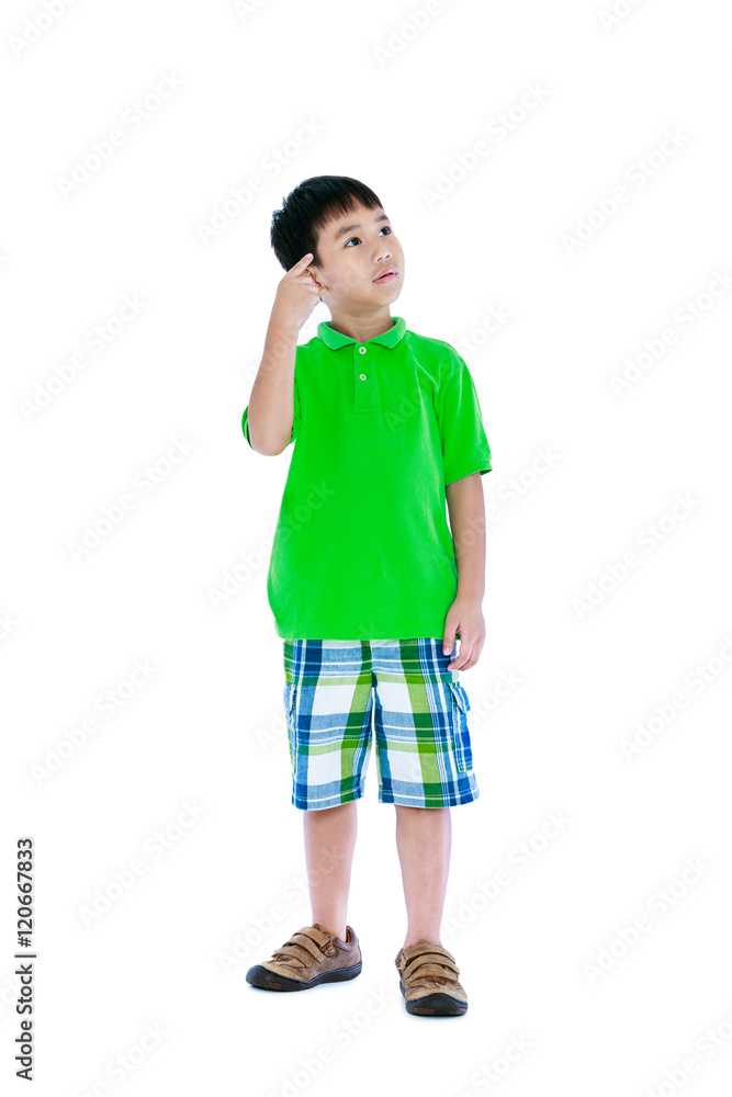 Attractive 7 year old boy making thinking expression. Isolated on white Attractive 7 year old boy making thinking expression. Isolated on white
