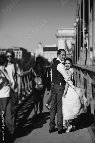 Happy newlyweds on the street