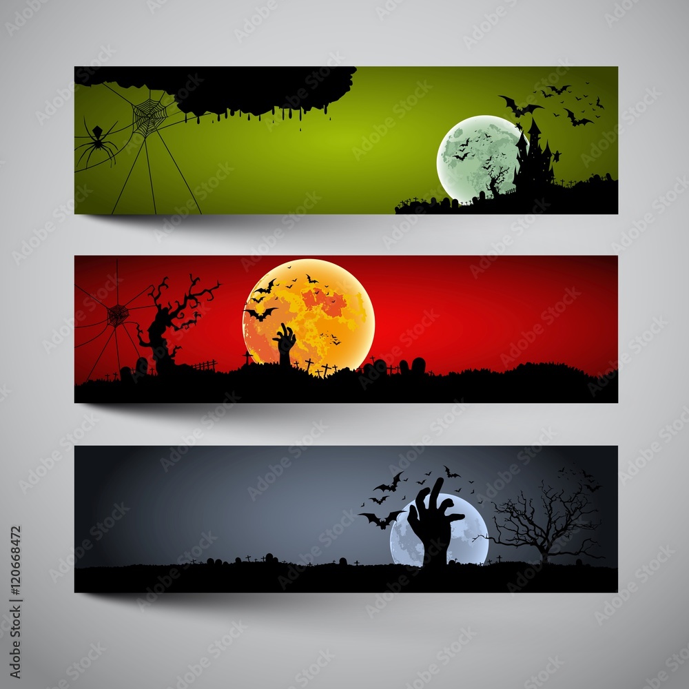 Happy Halloween banners set design, Trick or treat, Zombie party, vector illustration