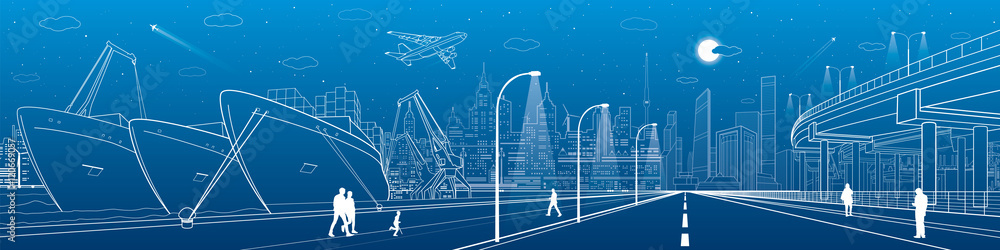 Industrial cargo port. City scene, people walking, neon town skyline, street life. ships on the water. Automotive flyover, infrastructure panorama, highway, white lines, vector design art Industrial cargo port. City scene, people walking, neon town skyline, street life. ships on the water. Automotive flyover, infrastructure panorama, highway, white lines, vector design art