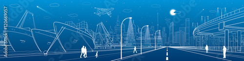 Industrial cargo port. City scene, people walking, neon town skyline, street life. ships on the water. Automotive flyover, infrastructure panorama, highway, white lines, vector design art