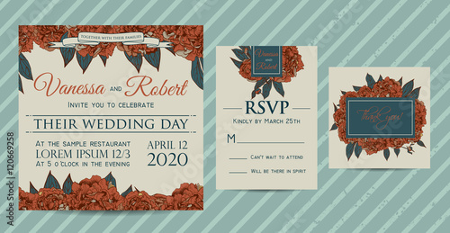 Botanic invitation set with rsvp card. Beautiful invitation deco