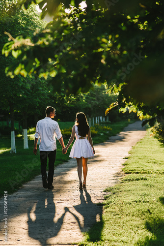 a boy and a girl walking together in a green park full of evening sun. Love story