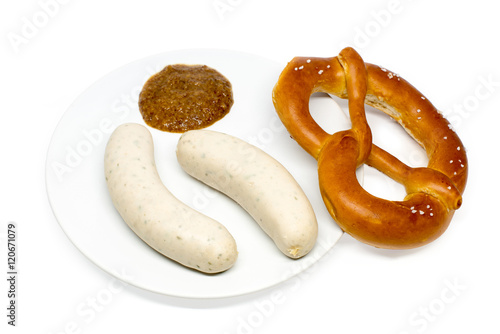 Bavarian white sausages with sweet mustard and pretzel