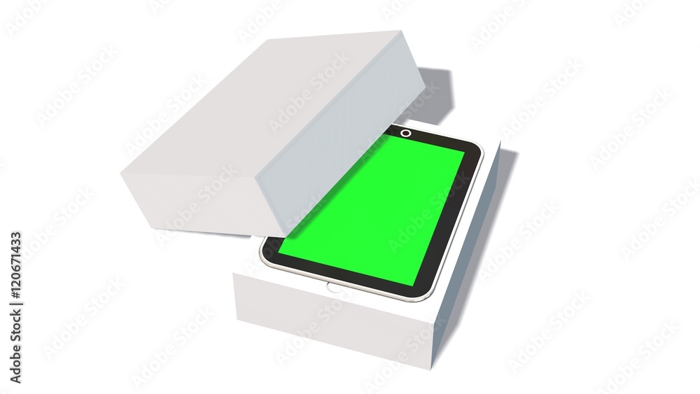 Modern digital tablet pc in the packaging - unboxing - 3D rendering Modern digital tablet pc in the packaging - unboxing - 3D rendering