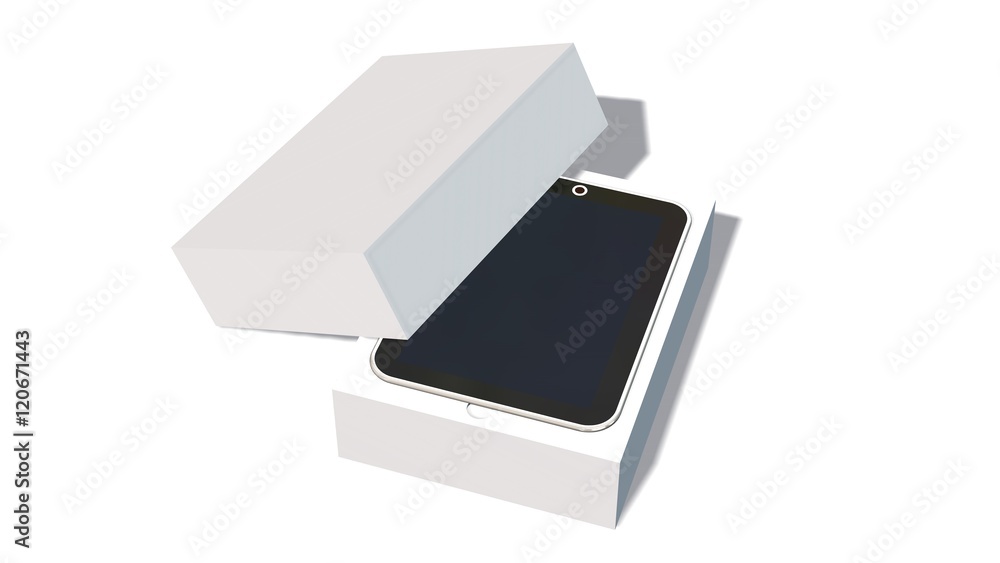 Modern digital tablet pc in the packaging - unboxing - 3D rendering Modern digital tablet pc in the packaging - unboxing - 3D rendering