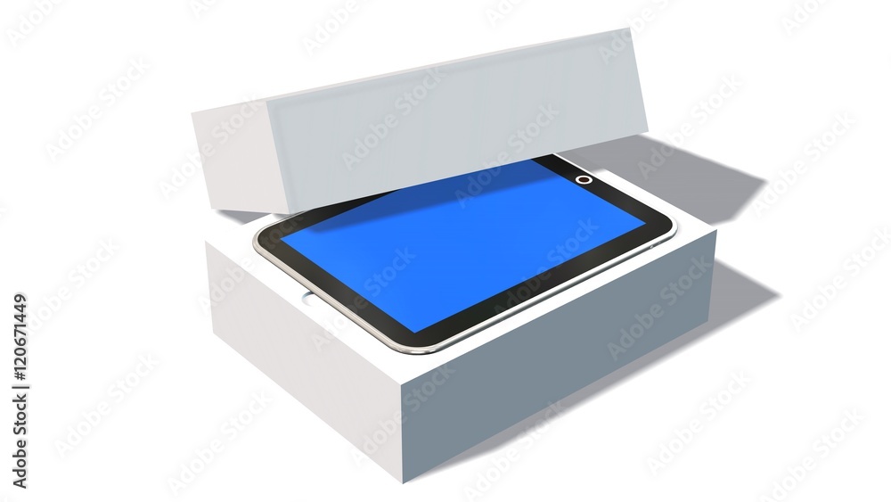 Modern digital tablet pc in the packaging - unboxing - 3D rendering Modern digital tablet pc in the packaging - unboxing - 3D rendering