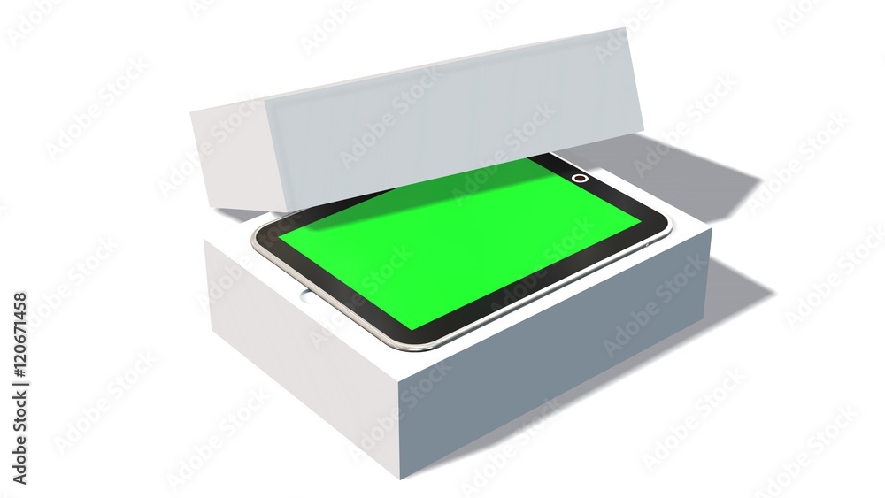 Modern digital tablet pc in the packaging - unboxing - 3D rendering