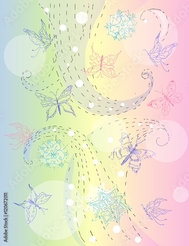Векторное изображение бабочек и снежинок в пастельных тонах. Набросок чернилами. Может использоваться для создания открыток, сайтов, обложек, текстиля, упаковки, декупажа