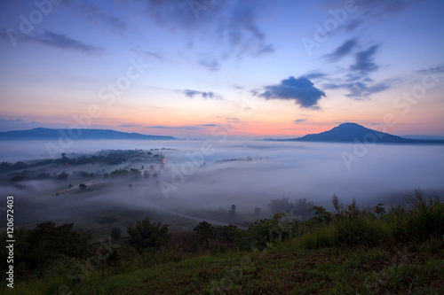 Misty morning sunrise in Khao Takhian Ngo View Point at Khao-kho