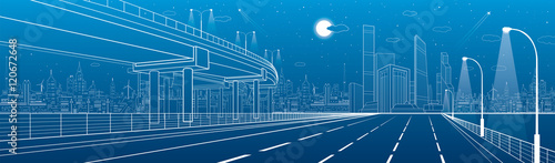 Automotive flyover, architectural and infrastructure panorama, transport overpass, highway. Business center, night city, towers and skyscrapers, white lines urban scene, vector design art