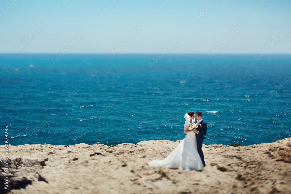 Elegant smiling young bride and groom walking on the beach Elegant smiling young bride and groom walking on the beach