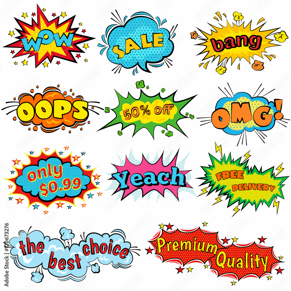 Gå ned egoisme Luscious Comic sound effects in pop art vector style. Sound bubble speech with word  and comic cartoon expression sounds illustration Stock Vector | Adobe Stock