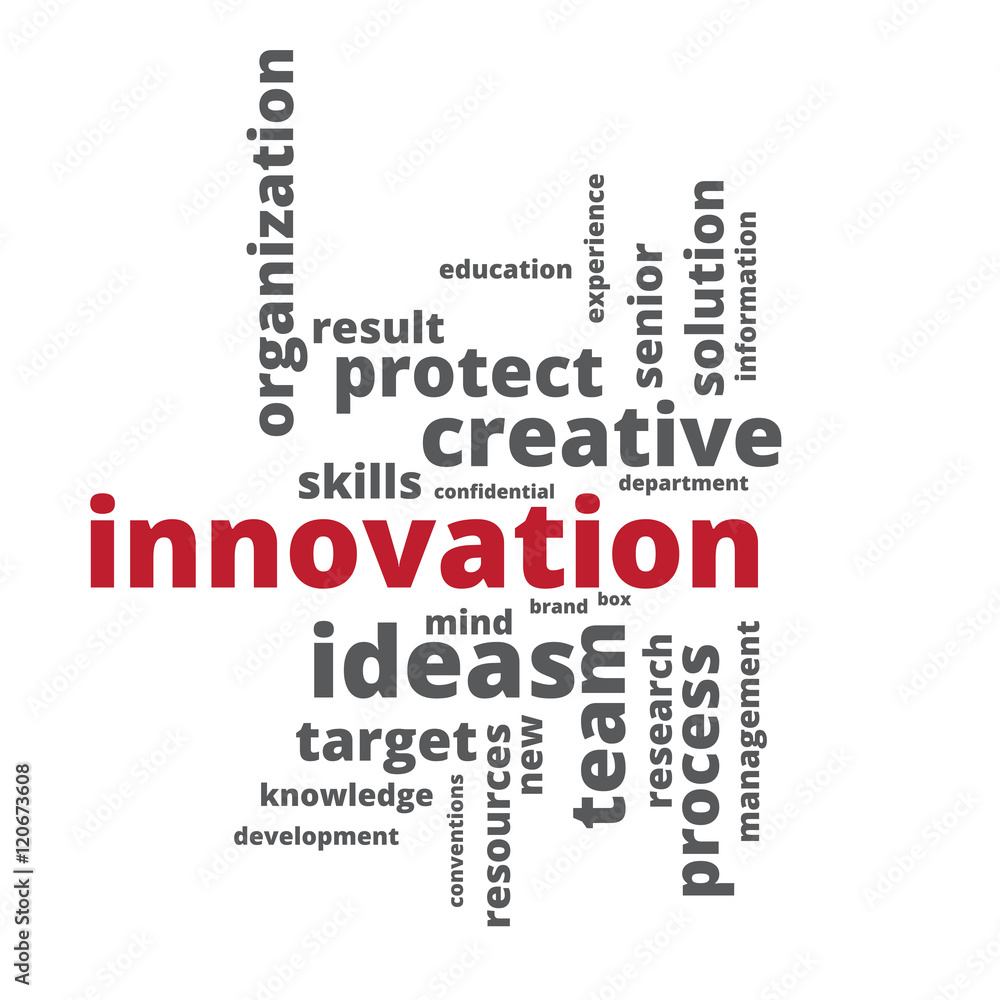 Innovation wordcloud on white vignette background Innovation wordcloud on white vignette background