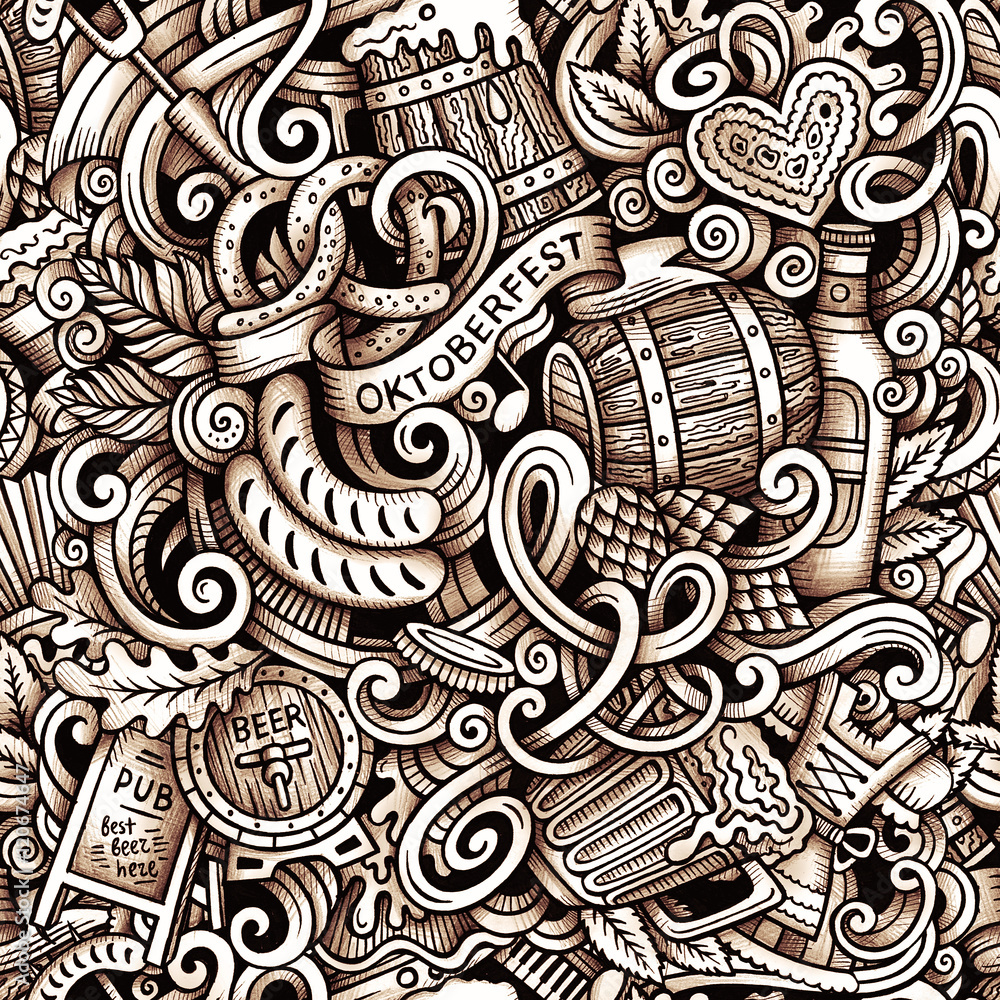 Cartoon hand-drawn doodles Octoberfest seamless pattern