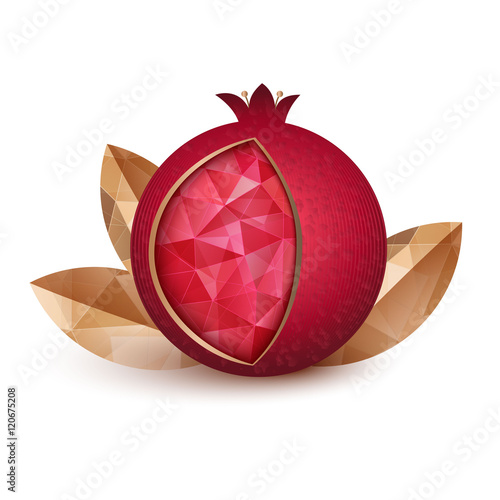 Ripe pomegranate fruit and three golden leaves