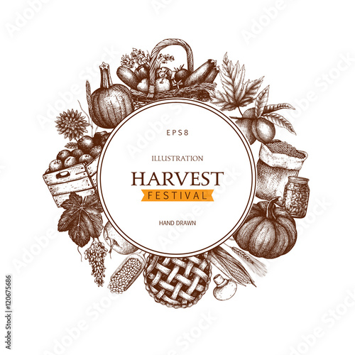 Vintage design with hand drawn harvest sketch. Vector frame with autumn illustration. Traditional Harvest festival decoration. Retro template.