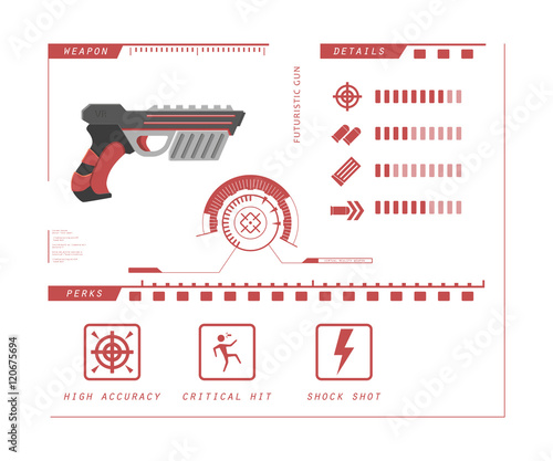 Details of gun: pistol. Game perks. Virtual reality weapon