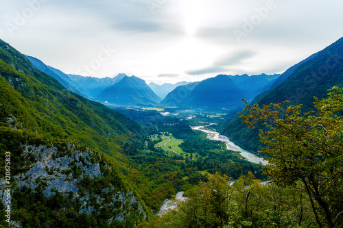Rivers in the valley and hills in the background. Soca River in Slovenia.