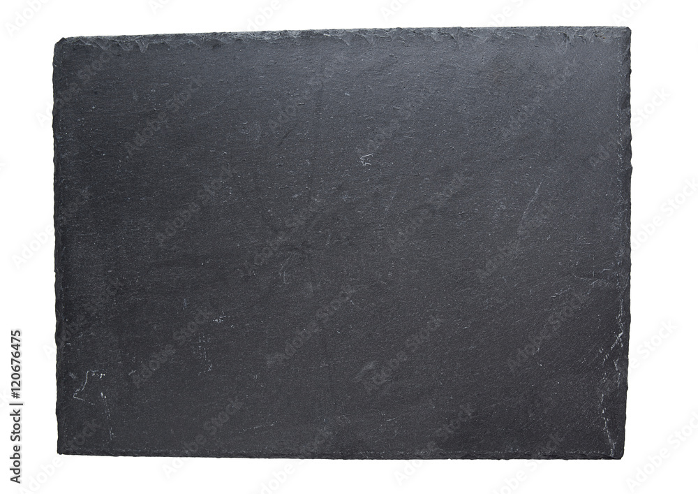 Empty black slate plate isolated on white background