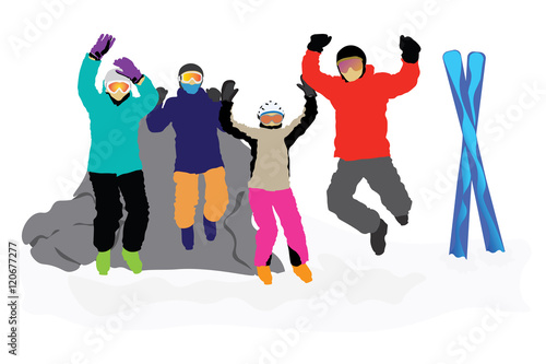 Four happy skiers jumping in the air with excitement