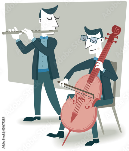 Duet, flute and cello. Retro style illustration of two musicians playing the cello and flute.