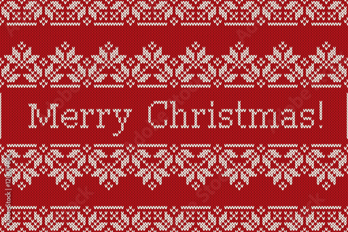 Scandinavian Fair Isle Knitting Pattern with Snowflakes and Greeting Text Merry Christmas. Seamless Knitted Background