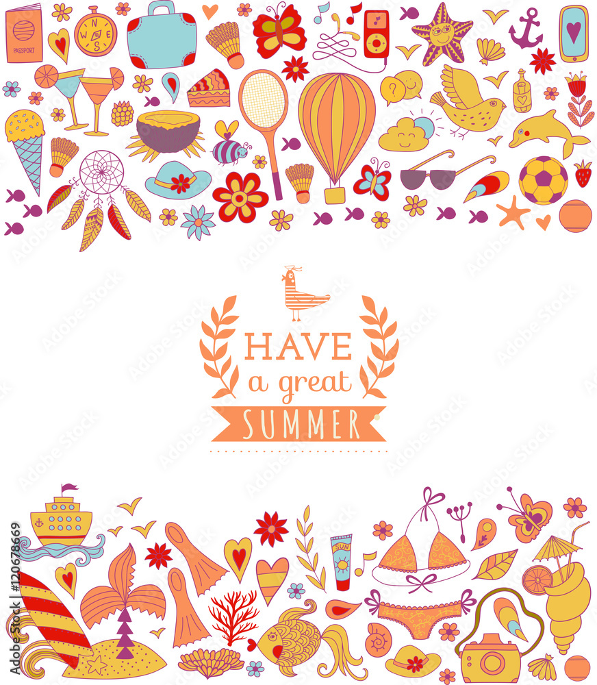 Summer vacation hand drawn vector elementss and objects, beach symbols