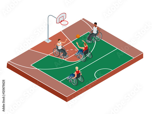 Isometric Active healthy disabled men basketball players in a wheelchair detailed sport concept illustration background vector