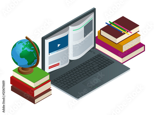 IT Communication or e-learning or internet network as knowledge base concept. Education technology flat illustration using laptop for distance elearning studying and education.