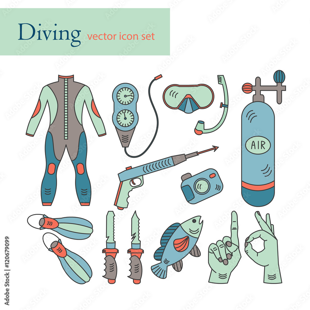Naklejka premium Vector line icons with diving equipment.