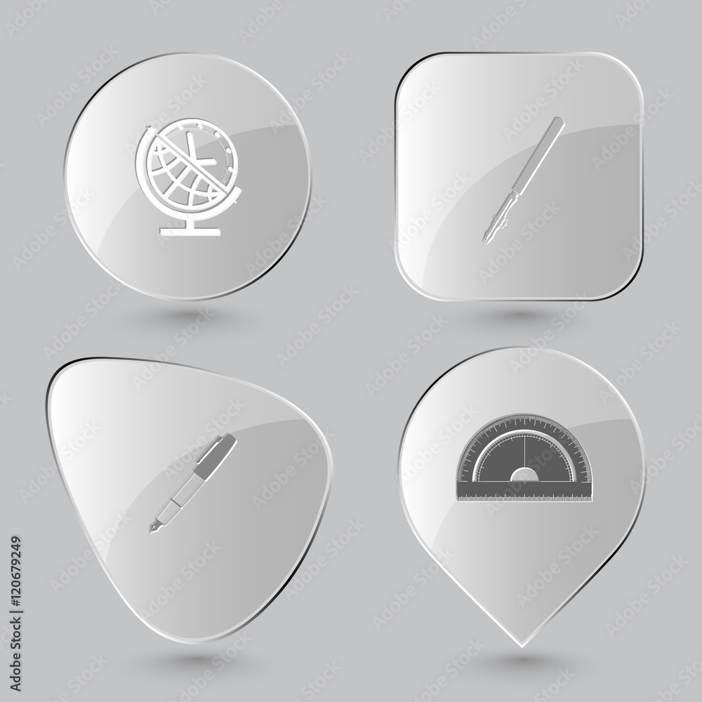 Obraz premium globe and clock, ruling pen, ink pen and pencil, protractor.