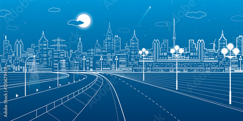 City scene, highway, urban skyline, street life, neon town, white lines on blue background, vector design art