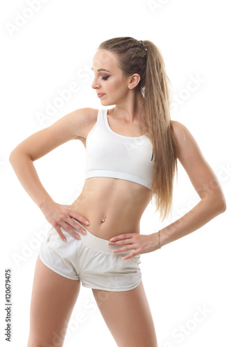 Concepts: healthy lifestyle, sport. Happy beautiful woman fitness trainer working out isolated on white background