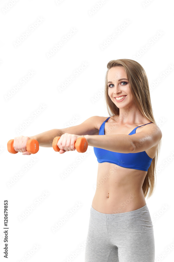 Concepts: healthy lifestyle, sport. Happy beautiful woman fitness trainer working out with small dumbbells isolated on white background Concepts: healthy lifestyle, sport. Happy beautiful woman fitness trainer working out with small dumbbells isolated on white background