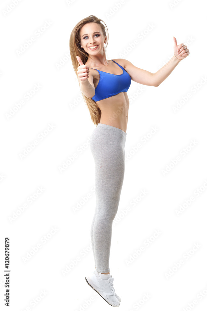 Beautiful woman fitness trainer working out isolated on white background Beautiful woman fitness trainer working out isolated on white background