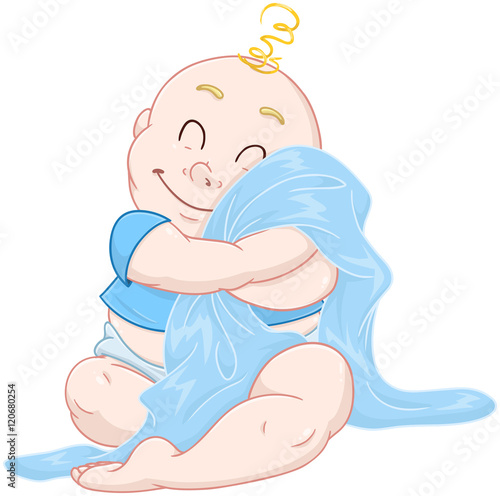 Cute Baby Boy Hugs Blue Blanket