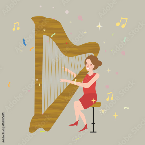 girl playing harp musical instrument with string melody illustration